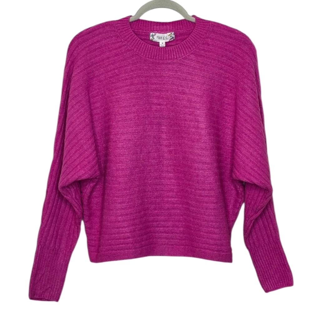 Pink Rose Fuchsia Ribbed Crew Neck Dolman Sleeve Cropped  Sweater Size S